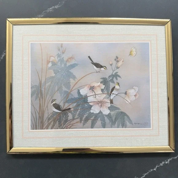 Vintage Chinese Watercolor Painting Framed Set of 3 Birds Flowers Signed - Picture 3 of 14